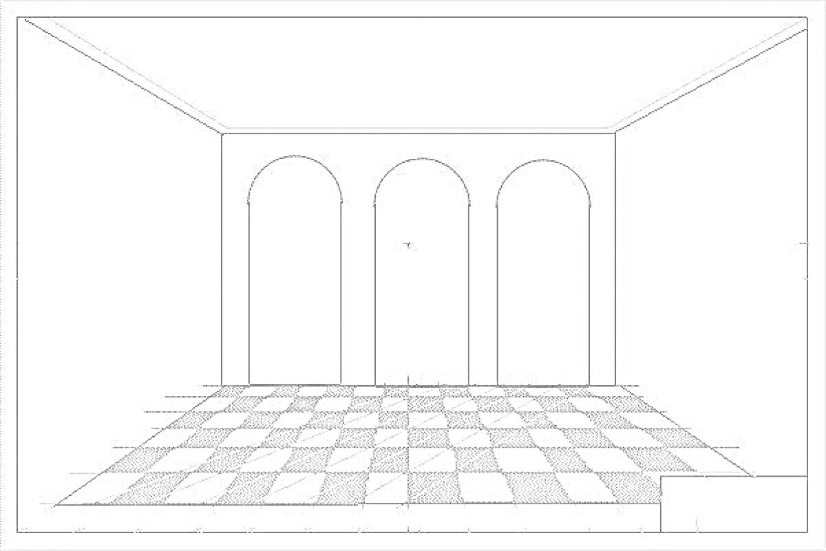 На раскраске изображено: Комната, Арочные двери, Пол, Шахматный узор, Потолок
