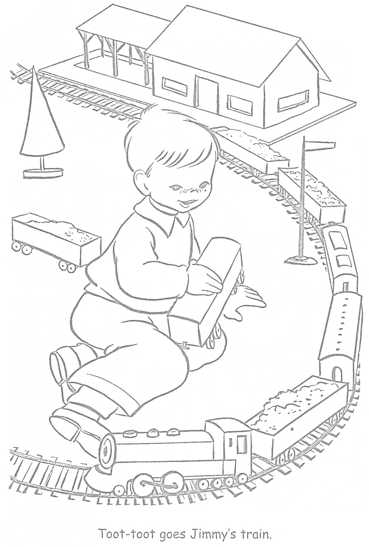 На раскраске изображено: Мальчик, Игрушечный поезд, Железнодорожная станция, Деревья, Рельсы, Блоки, Игрушки