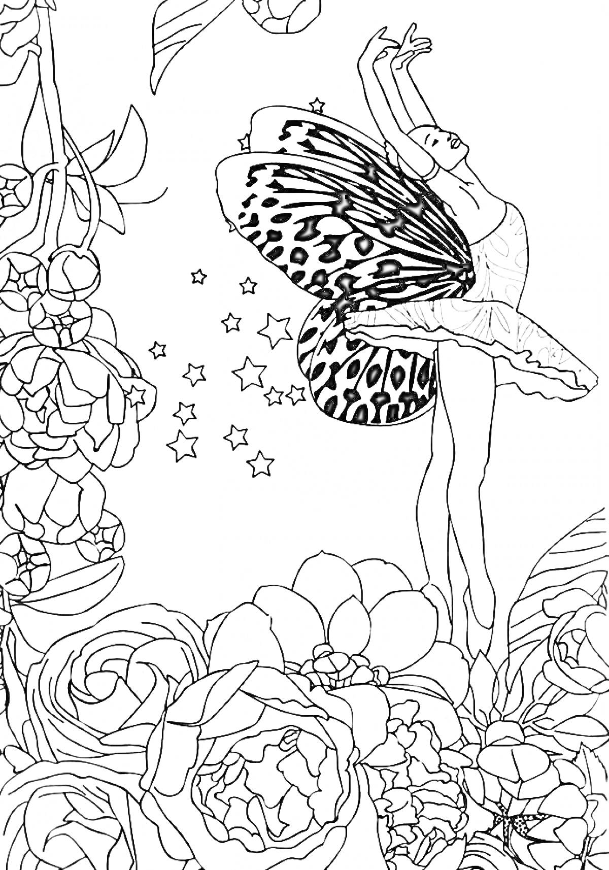 Раскраска Балерина с крыльями бабочки среди цветов и звезд