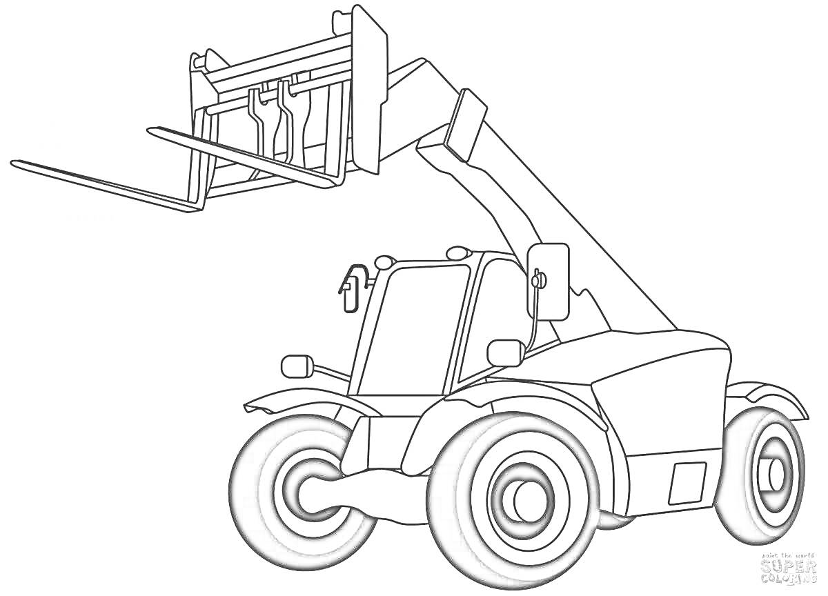 Раскраска Погрузчик с телескопическим подъемником, колеса, кабина оператора, вила на подъёмнике.
