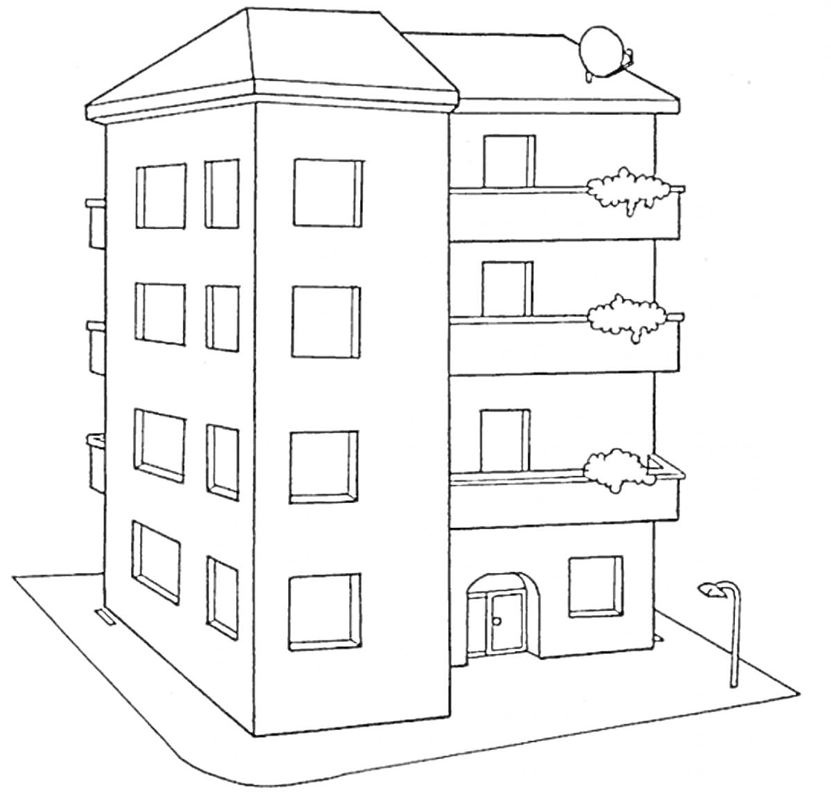 Раскраска Многоэтажный дом с окнами, балконами, спутниковой антенной и фонарным столбом