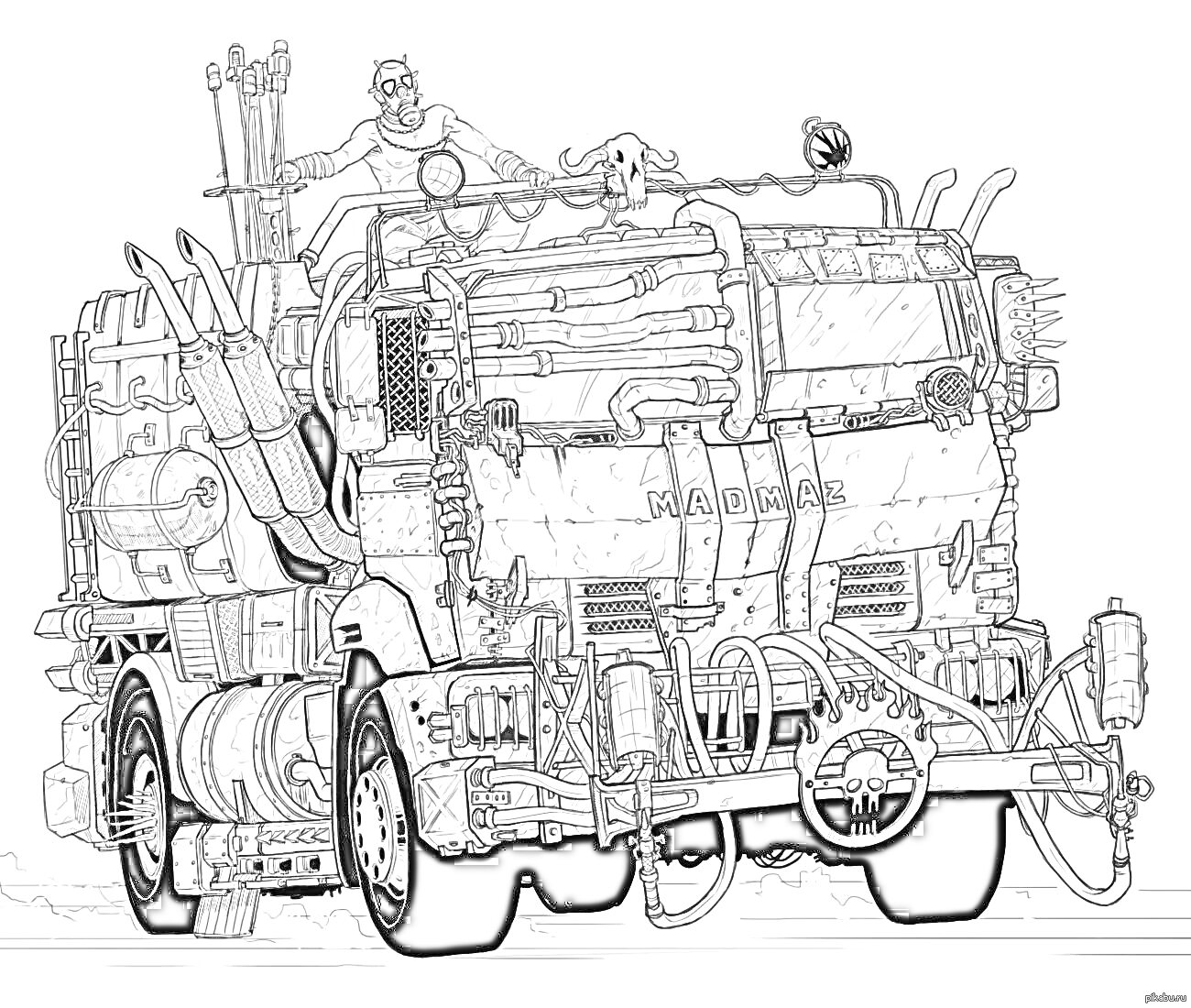 Раскраска Боевой грузовик с трубами, черепами и водителем в защитной маске.