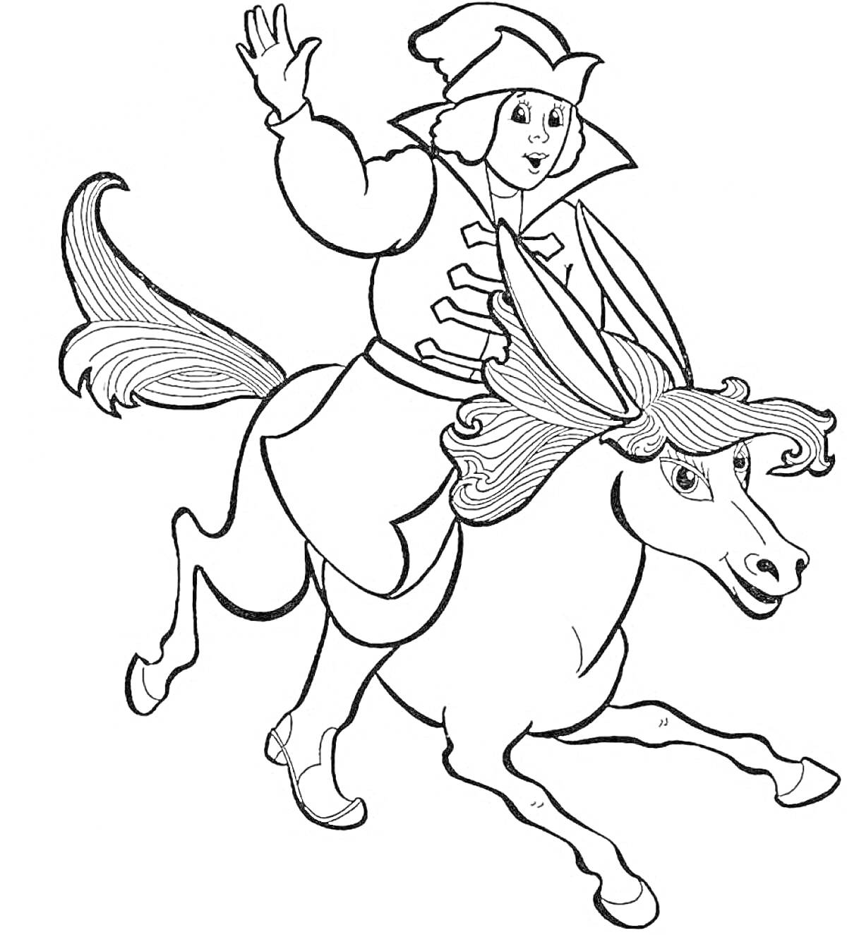 На раскраске изображено: Конек-горбунок, Из сказок, Молодой человек, Лошадь, Фольклор, Для детей, Приключения