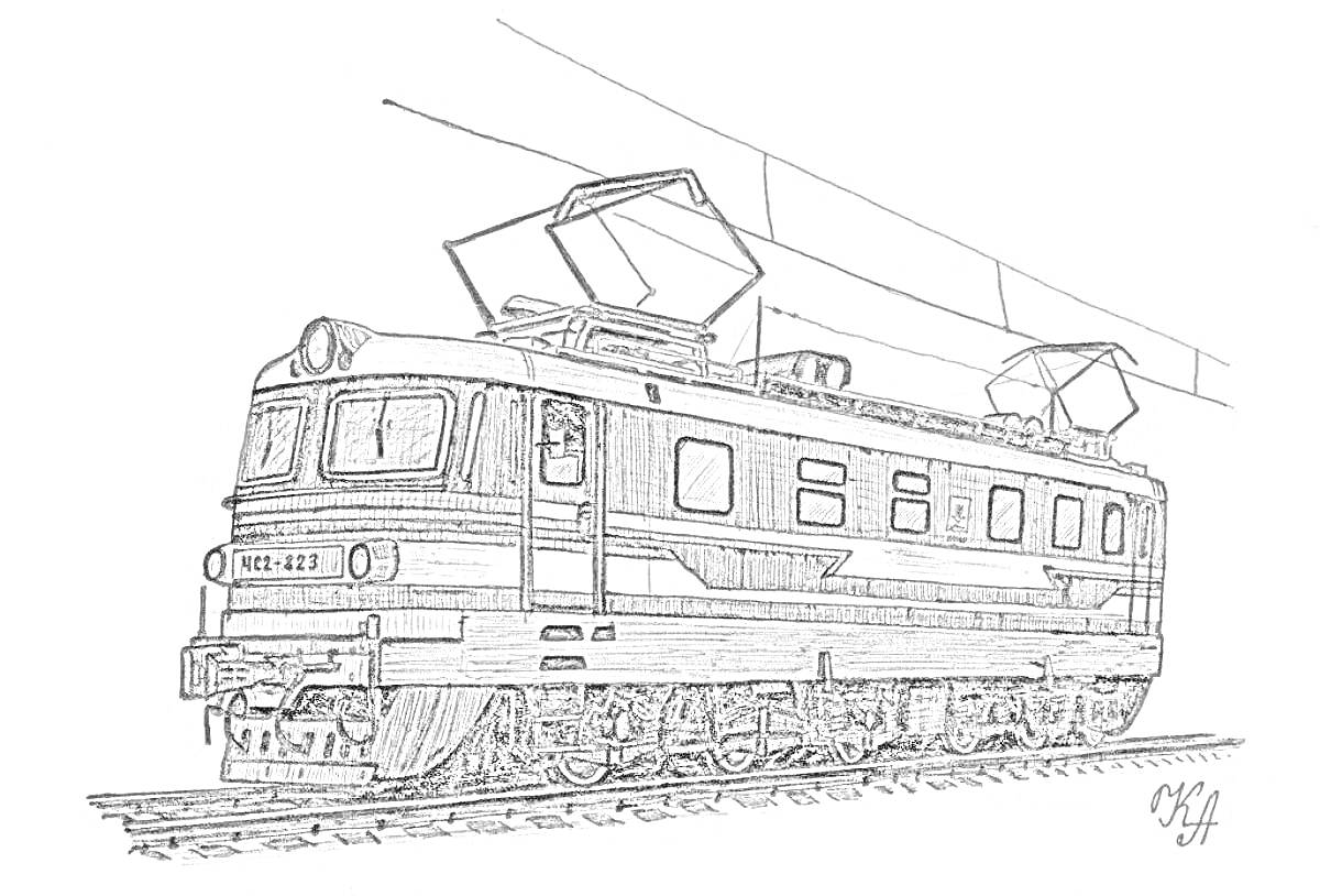 Раскраска Электровоз с пантографами, проводами и железнодорожными путями