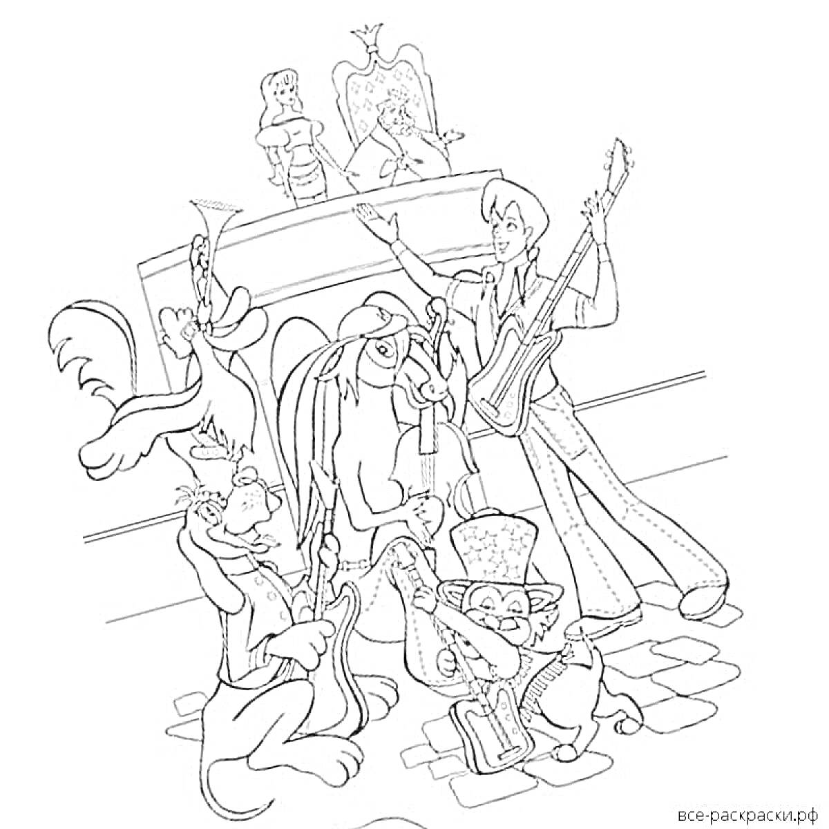 На раскраске изображено: Музыканты, Музыкальные инструменты, Принцесса, Ангел, Бременские музыканты, Осел, Кот, Петух, Человек