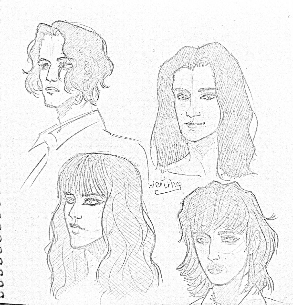Раскраска Четыре портретных рисунка людей с длинными волосами в стиле наброска