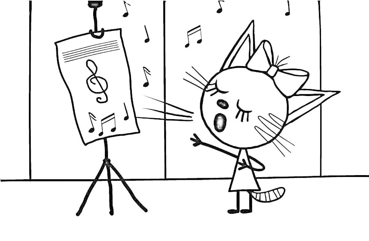 Раскраска Кошечка Карамелька поет возле нотного станка