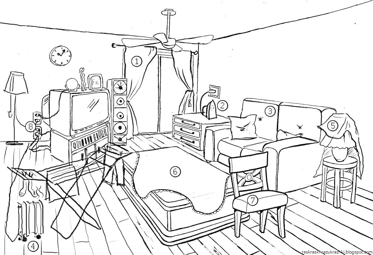 На раскраске изображено: Комната, Девочка, Диван, Телевизор, Игровая консоль, Вентилятор, Настольная лампа, Гладильная доска, Корзина для белья, Ковер, Стол, Стул, Декор, Мебель