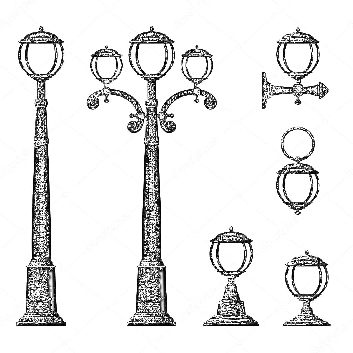 Раскраска Уличные фонари: одиночный фонарь, фонарь с несколькими лампами, настенный фонарь, фонарь на кольце, низкий уличный фонарь, отдельная лампа для фонаря