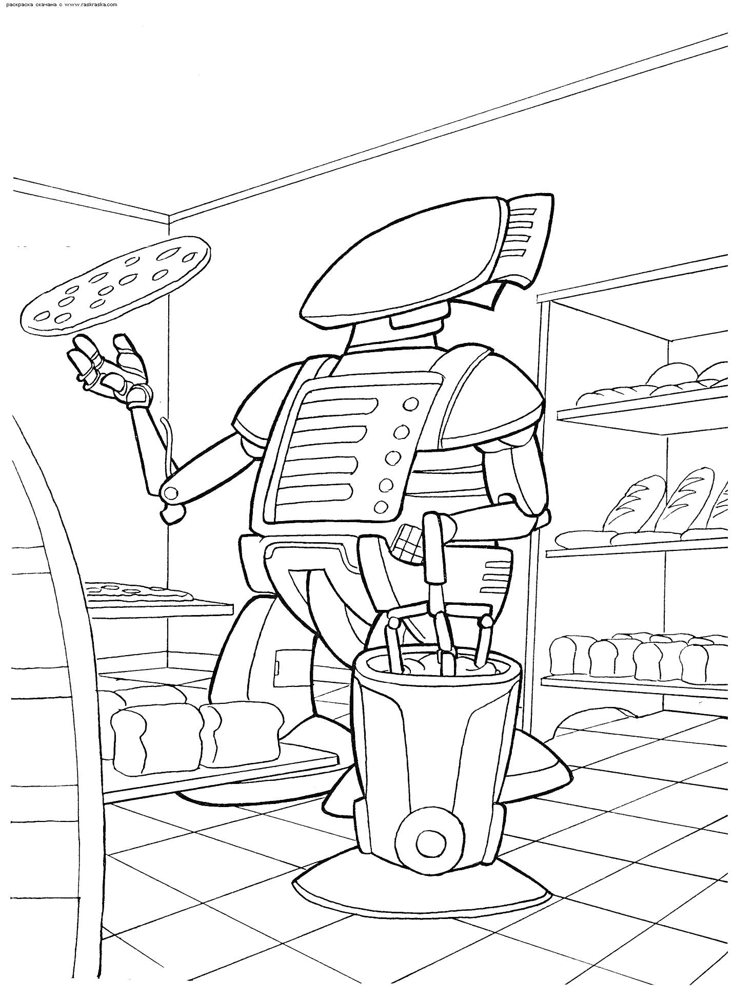 Раскраска Робот-повар в пекарне, держащий лопатку для хлеба, печь выпекает хлеб, полки с булками и батонами