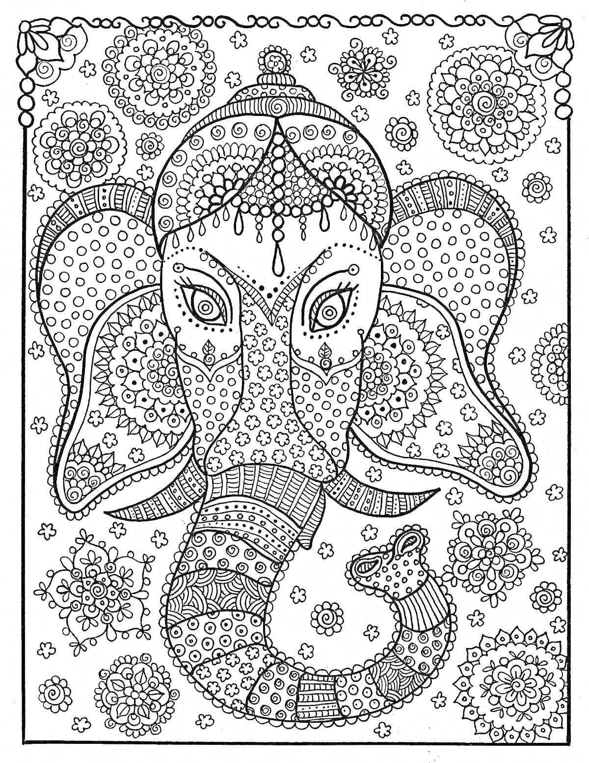 Раскраска Слон в стилизированных узорах, окруженный мандалами и цветочными мотивами