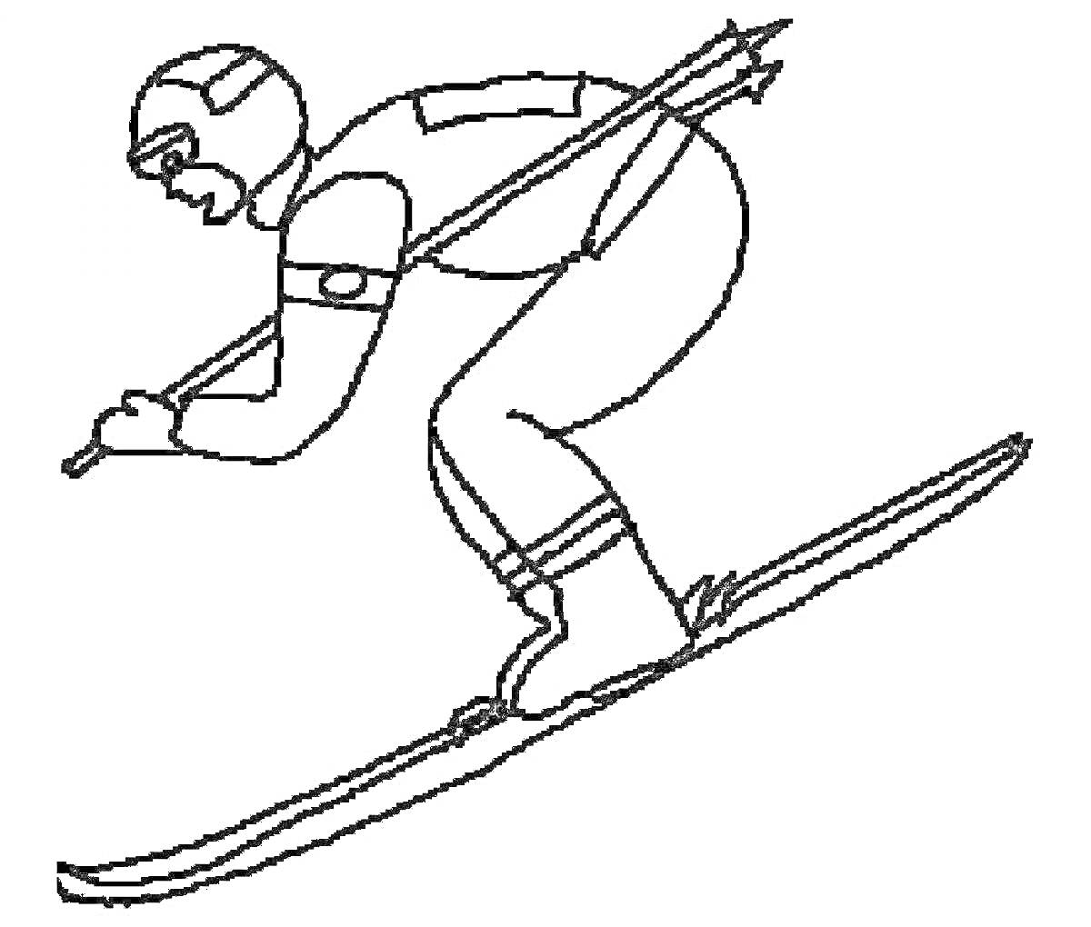 На раскраске изображено: Лыжник, Спорт, Зимние виды спорта, Лыжи, Палки, Безопасность, Каска, Движение, Активность, На коленях, Спортивная одежда