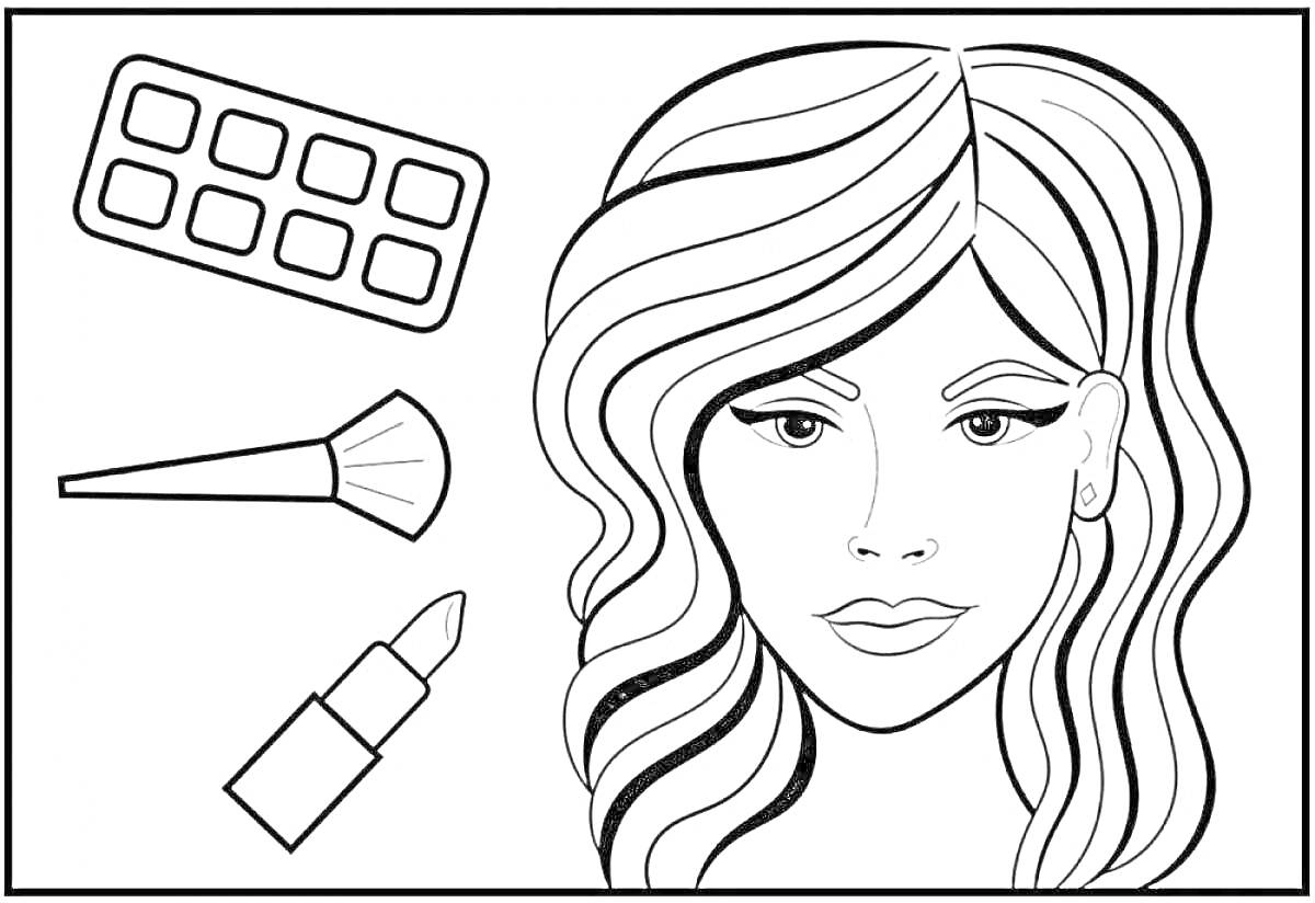 Раскраска Лицо девушки с макияжем, рядом палетка теней, кисть для макияжа и помада