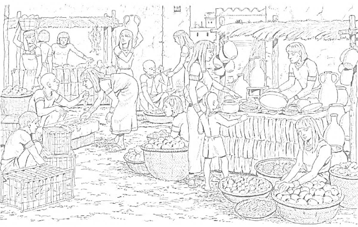 На раскраске изображено: Ярмарка, Рынок, Торговля, Продукты, Овощи, Фрукты, Покупатели, Для детей, Корзина, Человек, Палатка