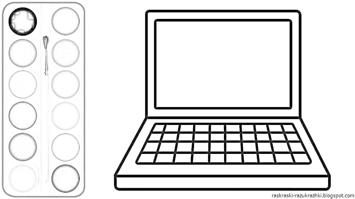 На раскраске изображено: Ноутбук, Палитра красок, Компьютер, Для девочек, Кисточки, Мышь