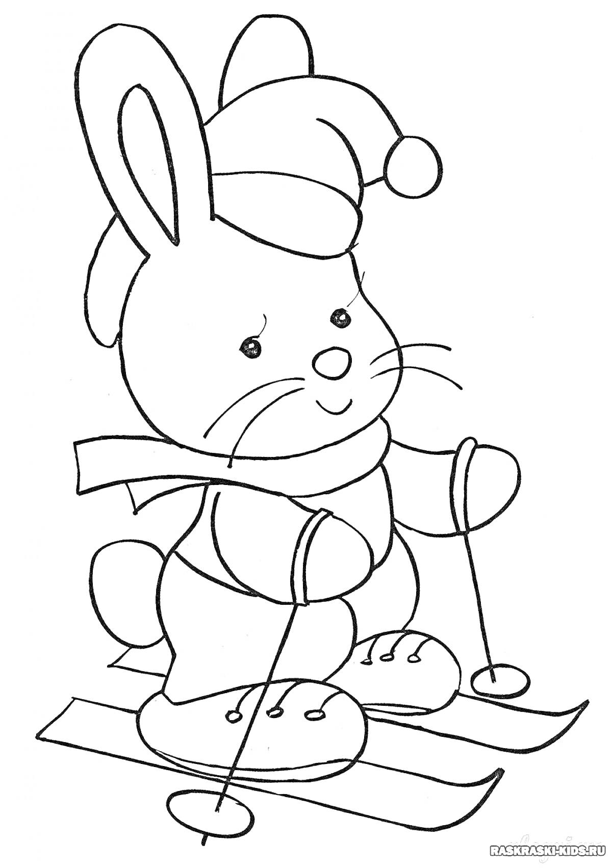 На раскраске изображено: Заяц, Лыжи, Зимняя шапка, Шарф, Зима, Для детей, 3-4 года