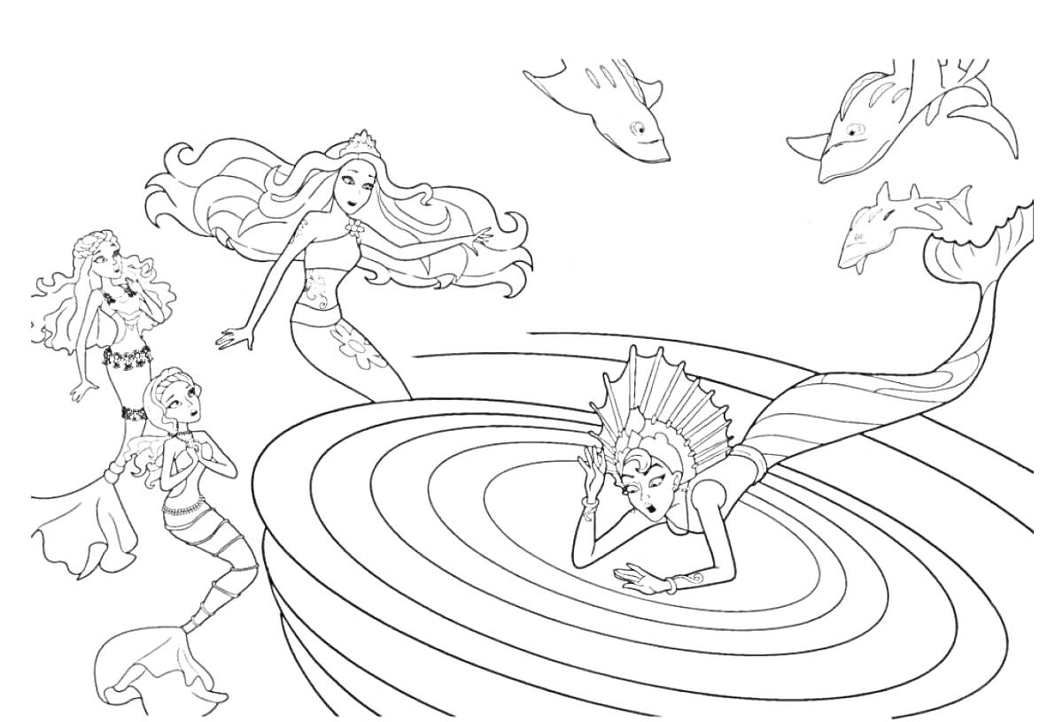 На раскраске изображено: Барби, Русалка, Дельфины, Подводный мир