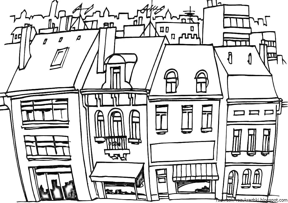 Раскраска Улица с жилыми и торговыми зданиями, городскими перекрытиями на крышах вдалеке