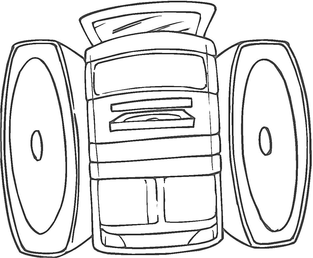 Раскраска Музыкальный центр с двумя колонками и CD-проигрывателем
