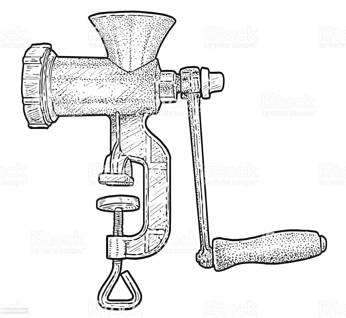 Раскраска Ручная мясорубка с ручкой, шнеком и креплением к столу