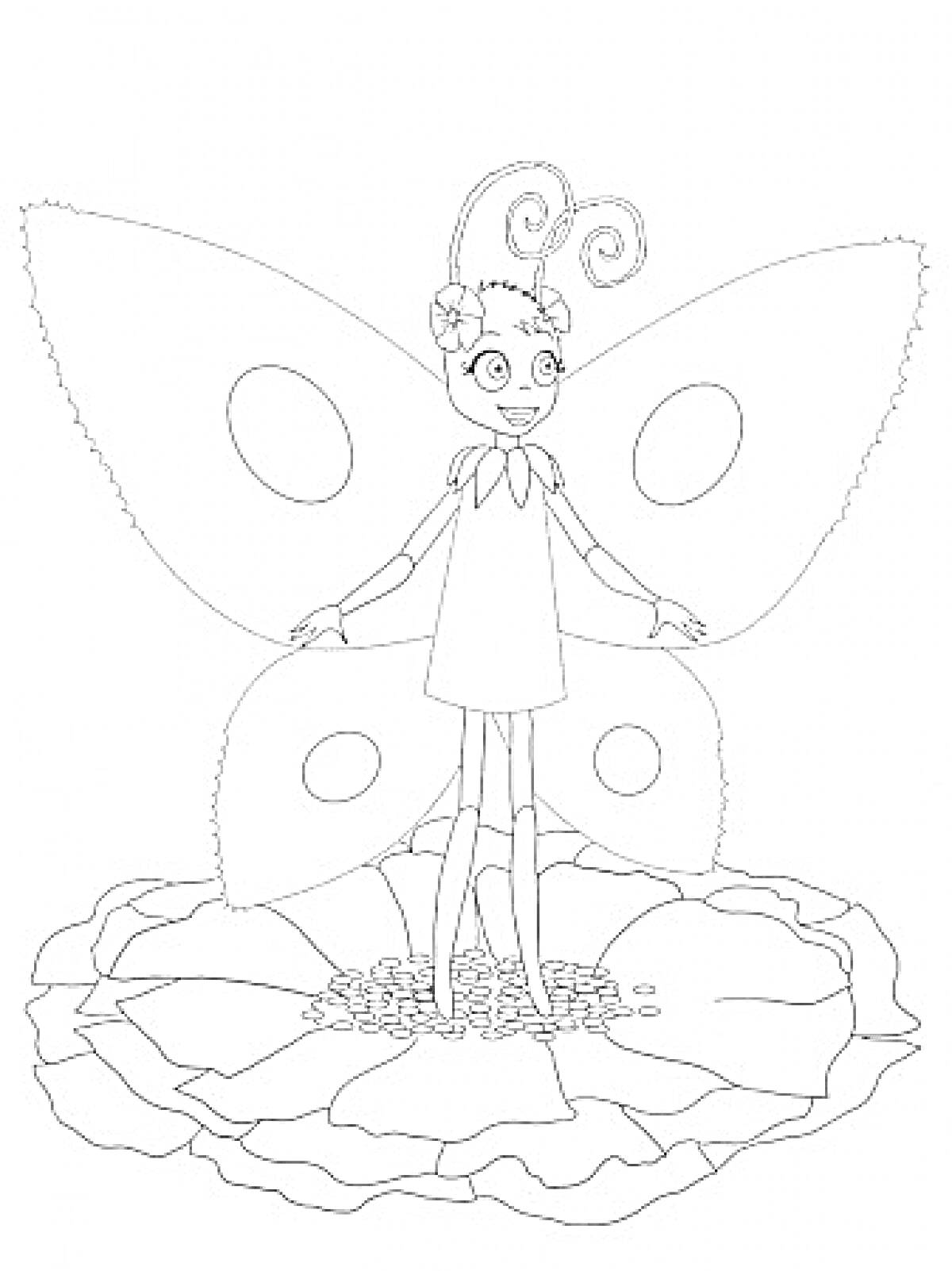 Раскраска Фея с крыльями, стоящая на большом цветке