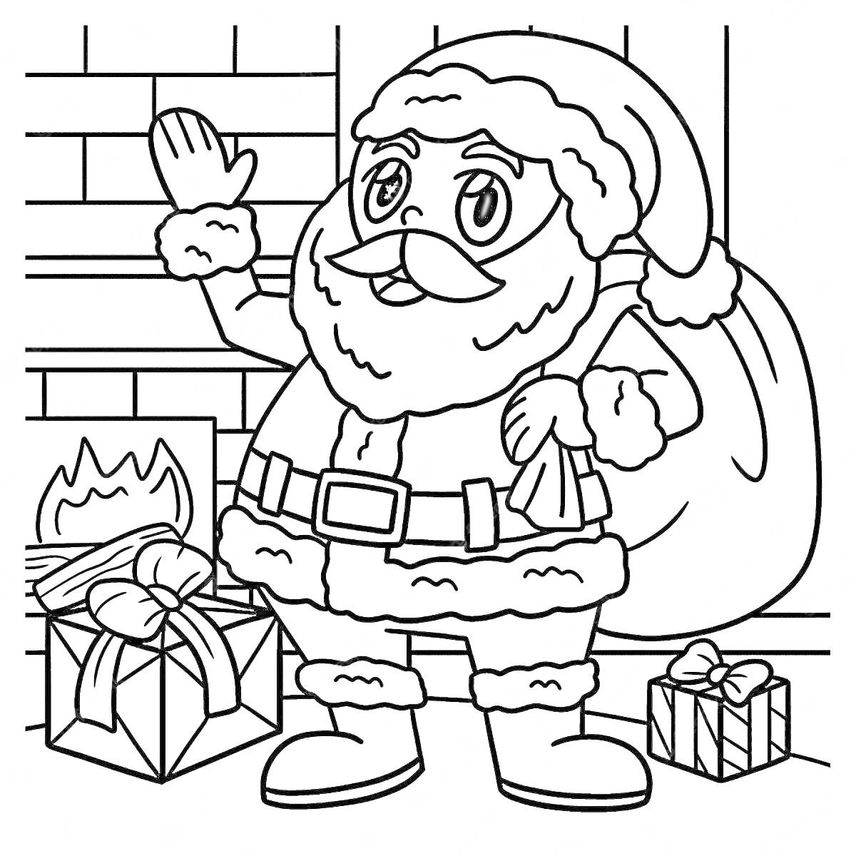 Раскраска Дед Мороз с большим мешком даров возле камина с подарками