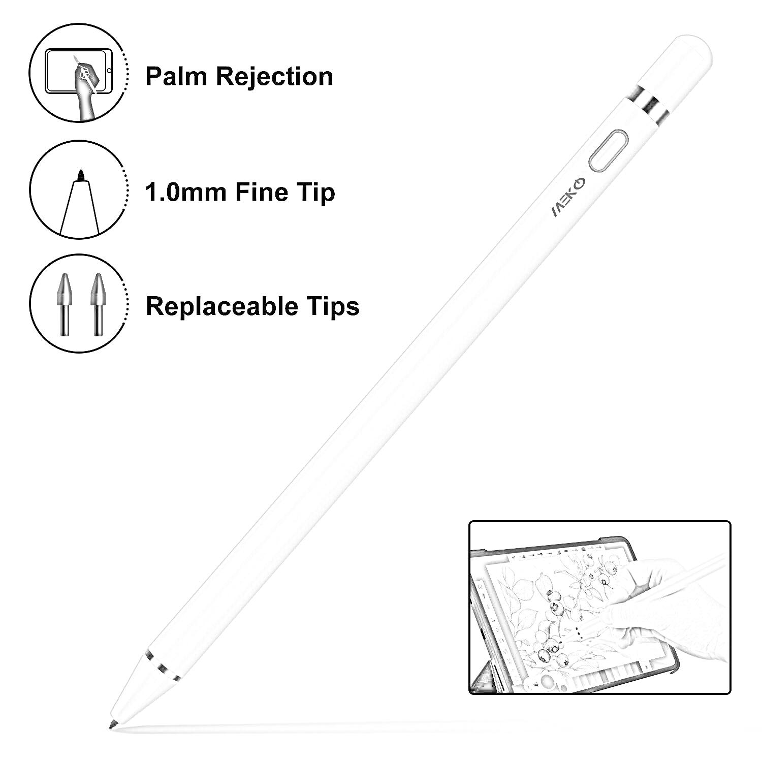 Стилус с функцией Palm Rejection, тонким наконечником 1.0мм и сменными наконечниками