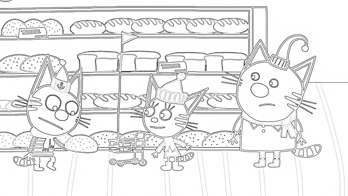 Раскраска Котята в булочной, полки с хлебом, котята в одежде с игрушкой на веревочке