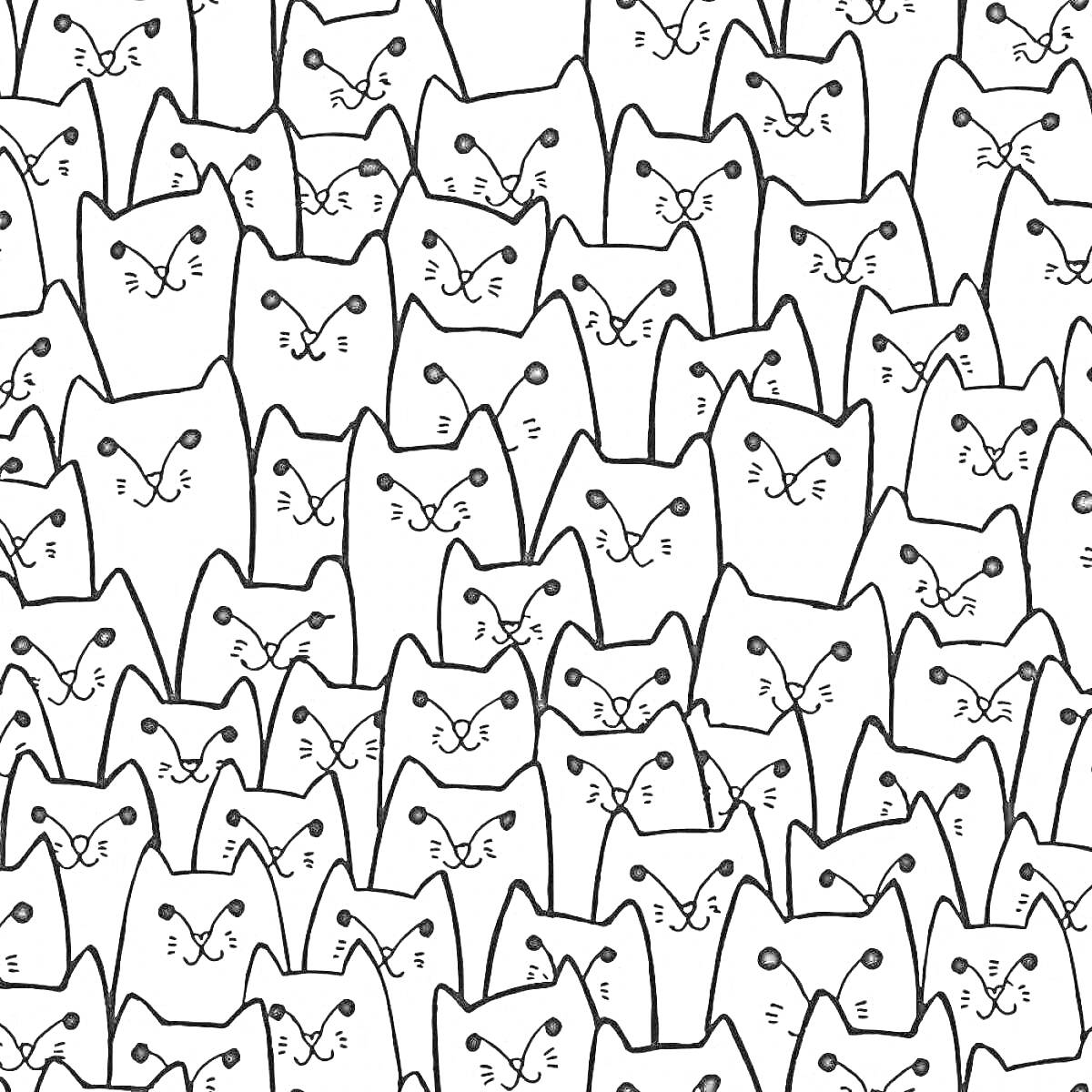 Раскраска Множество нарисованных мордочек котиков, повторяющихся по всему изображению