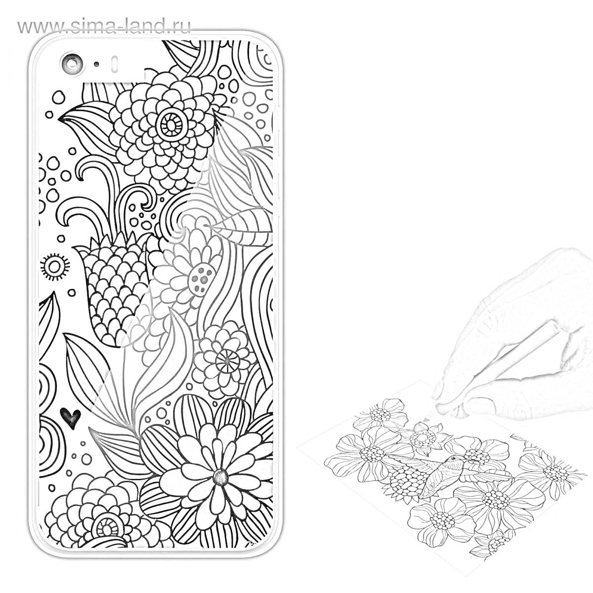 На раскраске изображено: Цветы, Листья, Чехол, Телефон, Дизайн