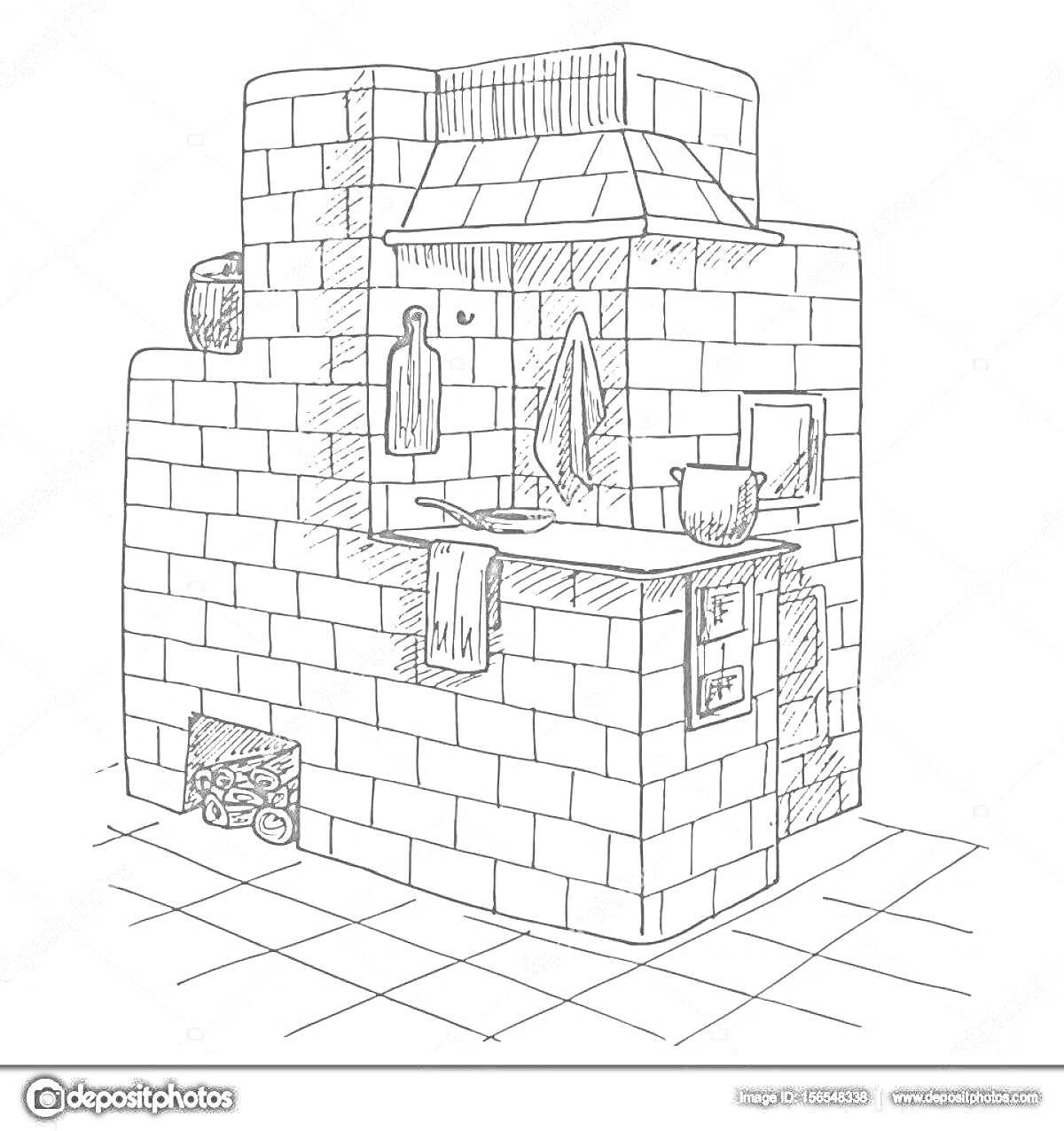 На раскраске изображено: Печка, Дрова, Плиточный пол, Кухонные принадлежности, Кирпичная кладка