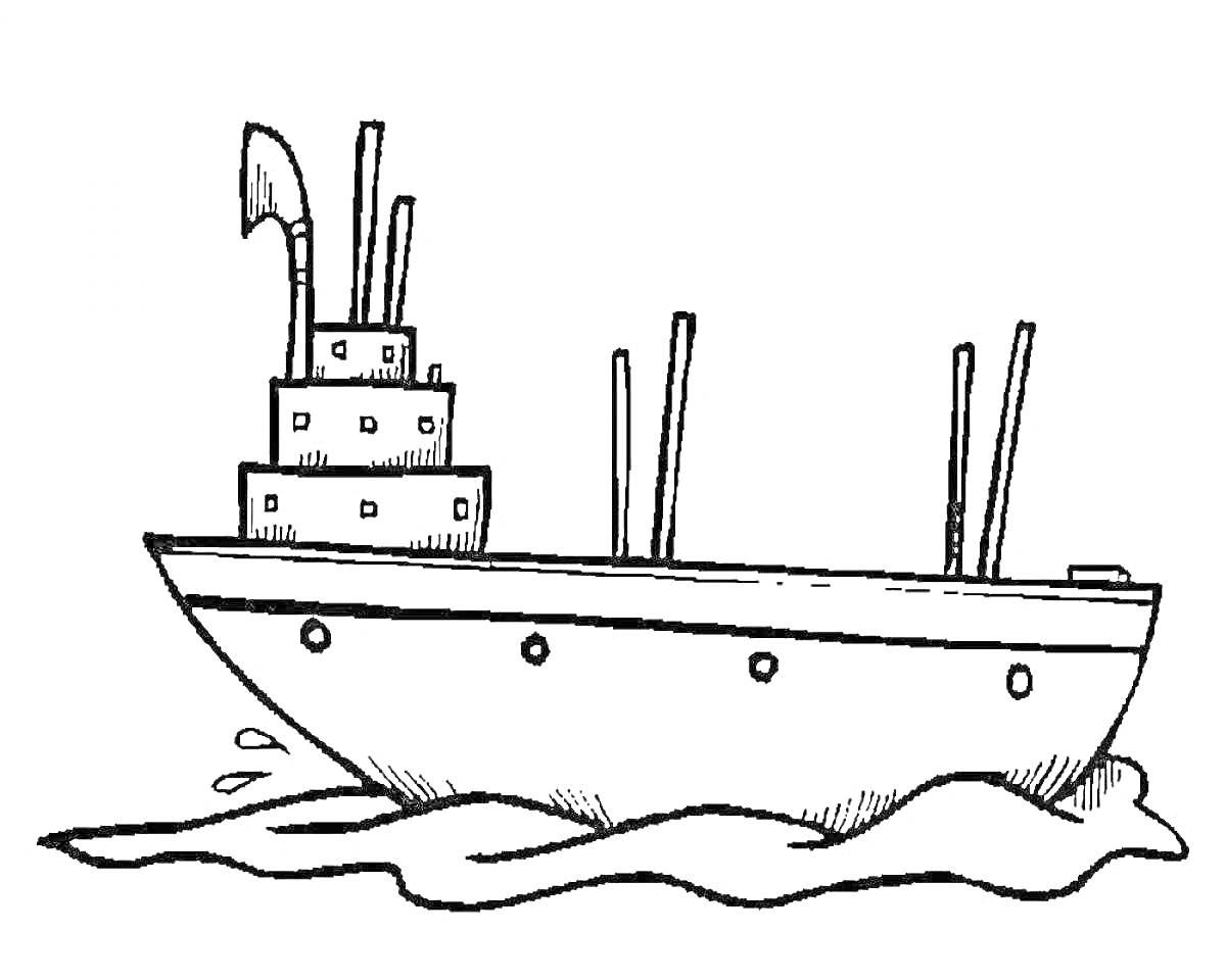 На раскраске изображено: Корабль, Вода, Море, Судно, Волны, Набросок