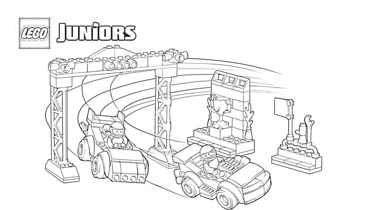 Раскраска Автомобили в арке с навесом, бетонная конструкция с турникетом и дорожными знаками, LEGO Juniors
