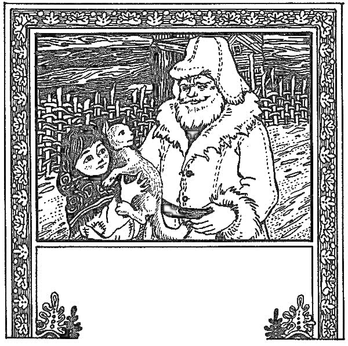 Раскраска Старик с бородой, девушка с ребенком на руках, фон из забора и дома