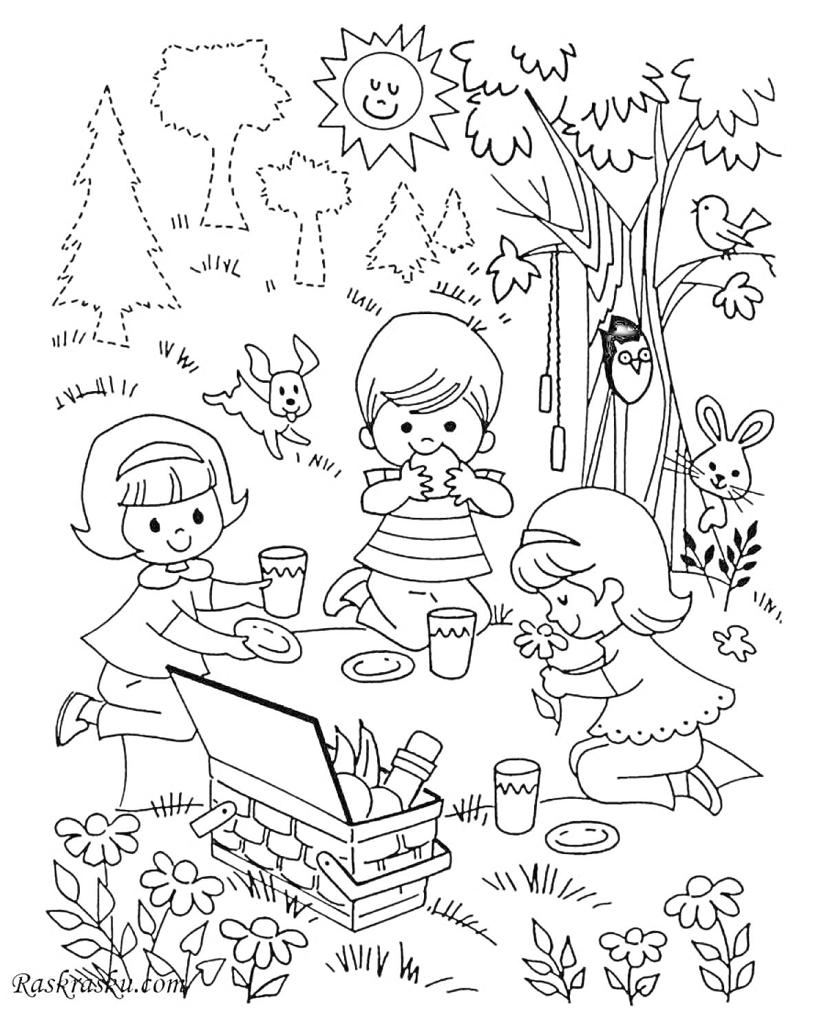 Раскраска Пикник детей в лесу с корзиной, солнцем, деревьями, цветами и животными