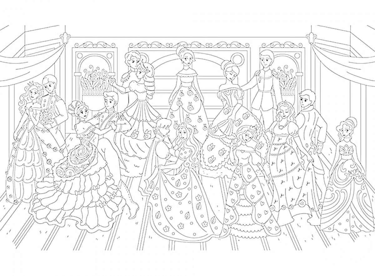 Раскраска Бал в королевском зале с танцующими парами, женщинами в роскошных платьях и мужчинами во фраках