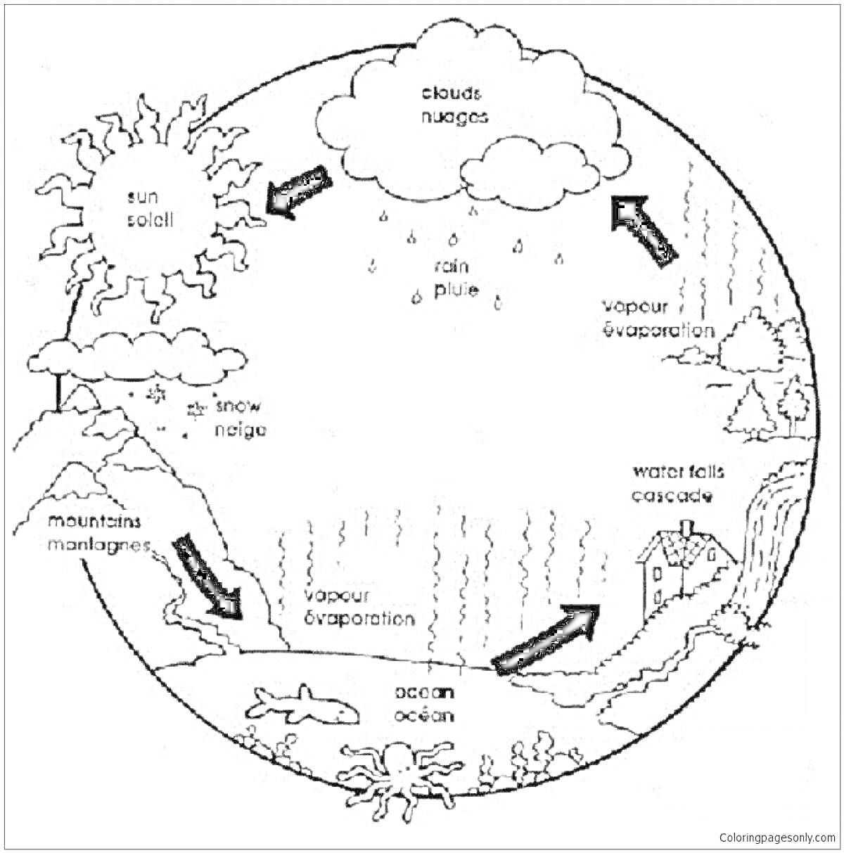 Раскраска Круговорот воды в природе с элементами: солнце, облака, дождь, горы, снег, испарение, океан, деревья, река, дом