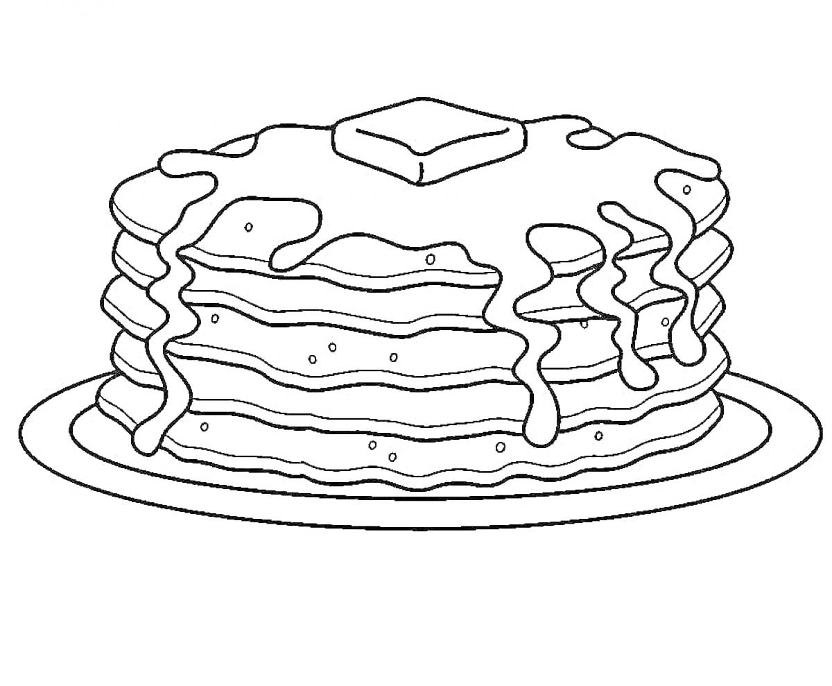 Раскраска Стопка блинов с маслом и сиропом на тарелке