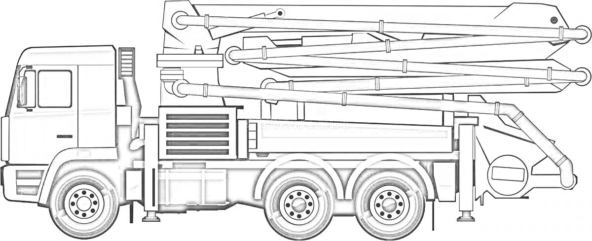 Раскраска Автомобиль-бетононасос с разложенной стрелой и кабиной водителя