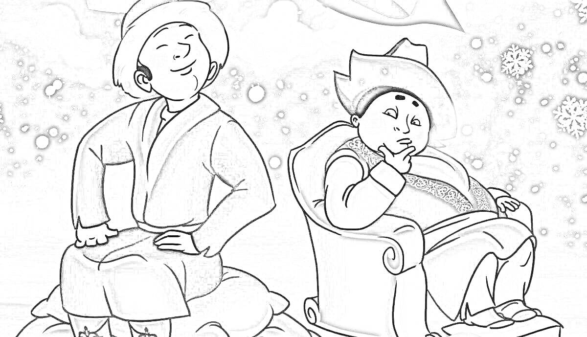 На раскраске изображено: Кресло, Ночь, Небо, Облака, Снежинки