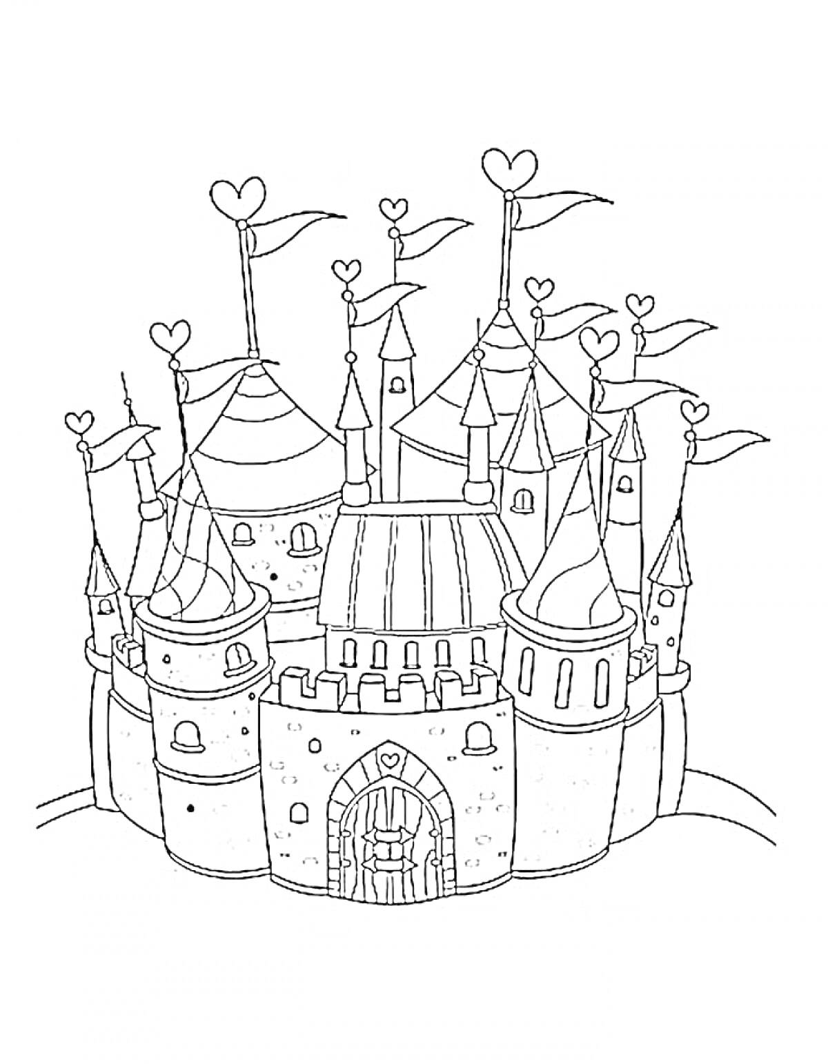 На раскраске изображено: Замок, Башни, Ворота, Крепость, Флаг, Сердца, Средневековье