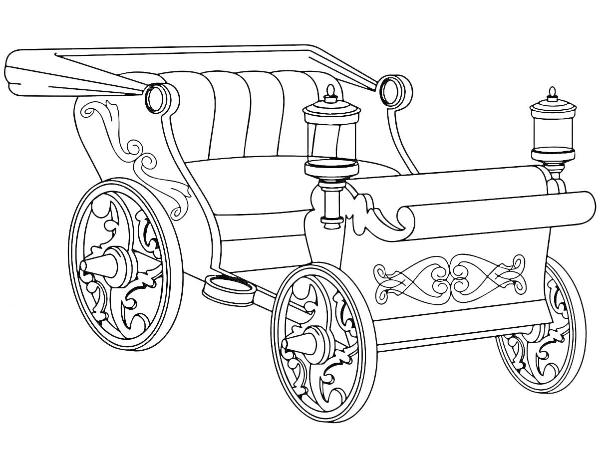 Раскраска Раскраска кареты с двумя колесами, декоративными фонарями и узорами