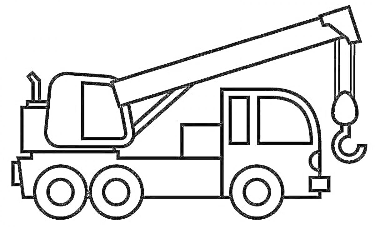 На раскраске изображено: Подъемный кран, Стрела, Крюк, Колёса, Строительная техника, Раскрашивание для детей, Транспорт, Техника