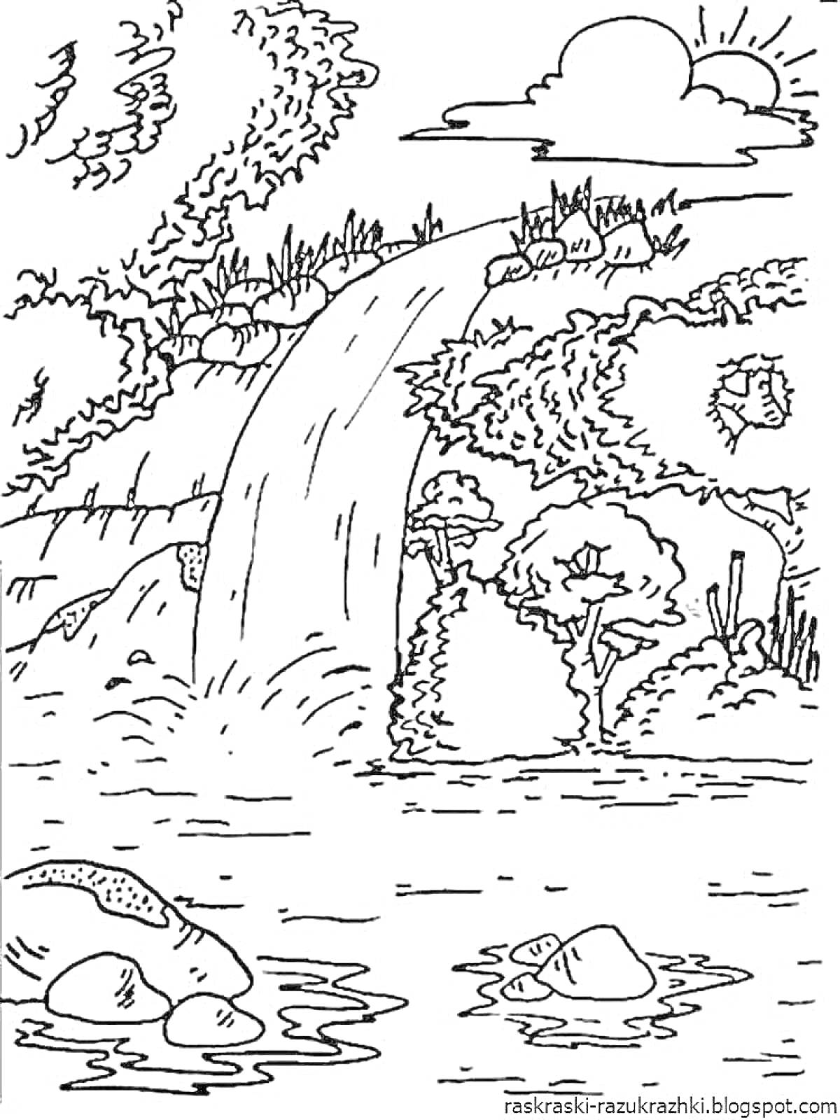 На раскраске изображено: Речка, Водопад, Деревья, Кусты, Камни, Солнце, Облака, Природа, Вода