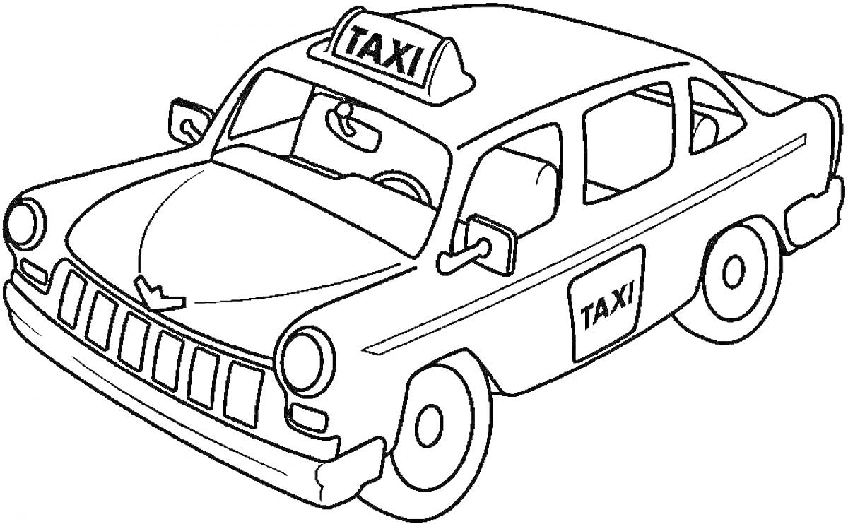 Раскраска Машина такси с надписями TAXI на крыше и двери, передняя и задняя фары, колеса, боковые зеркала