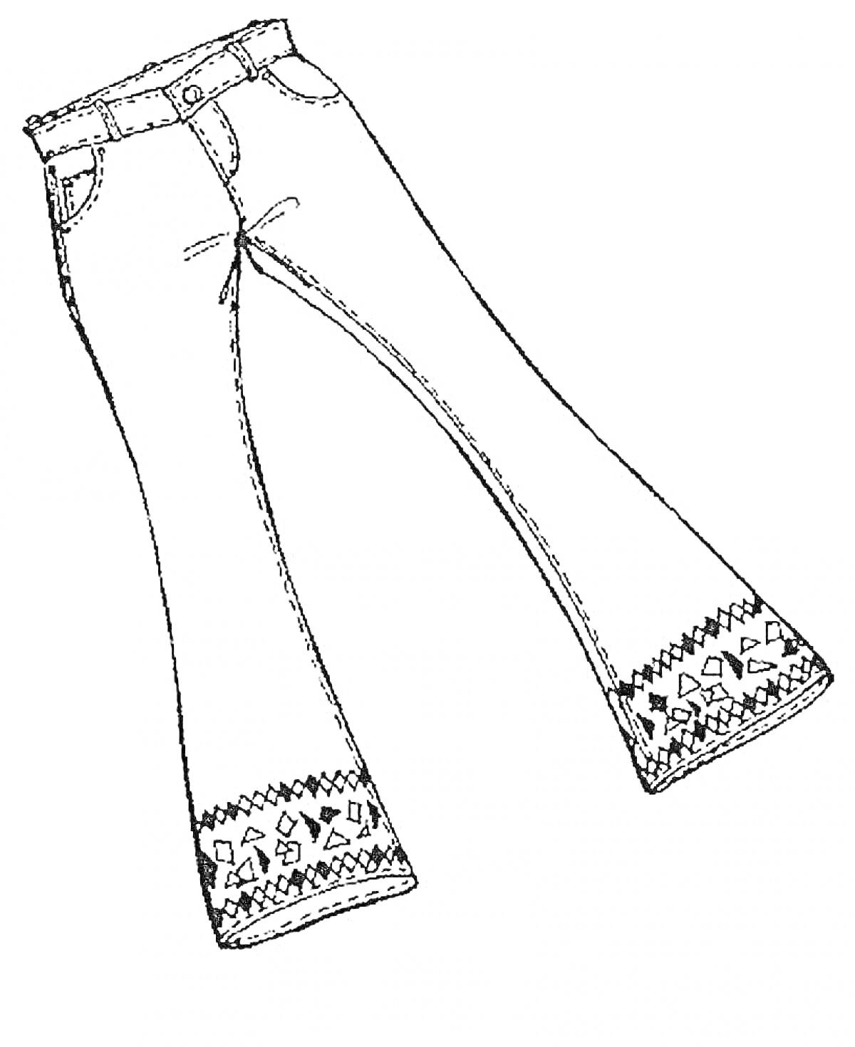Раскраска джинсы с карманами и узорами на штанинах