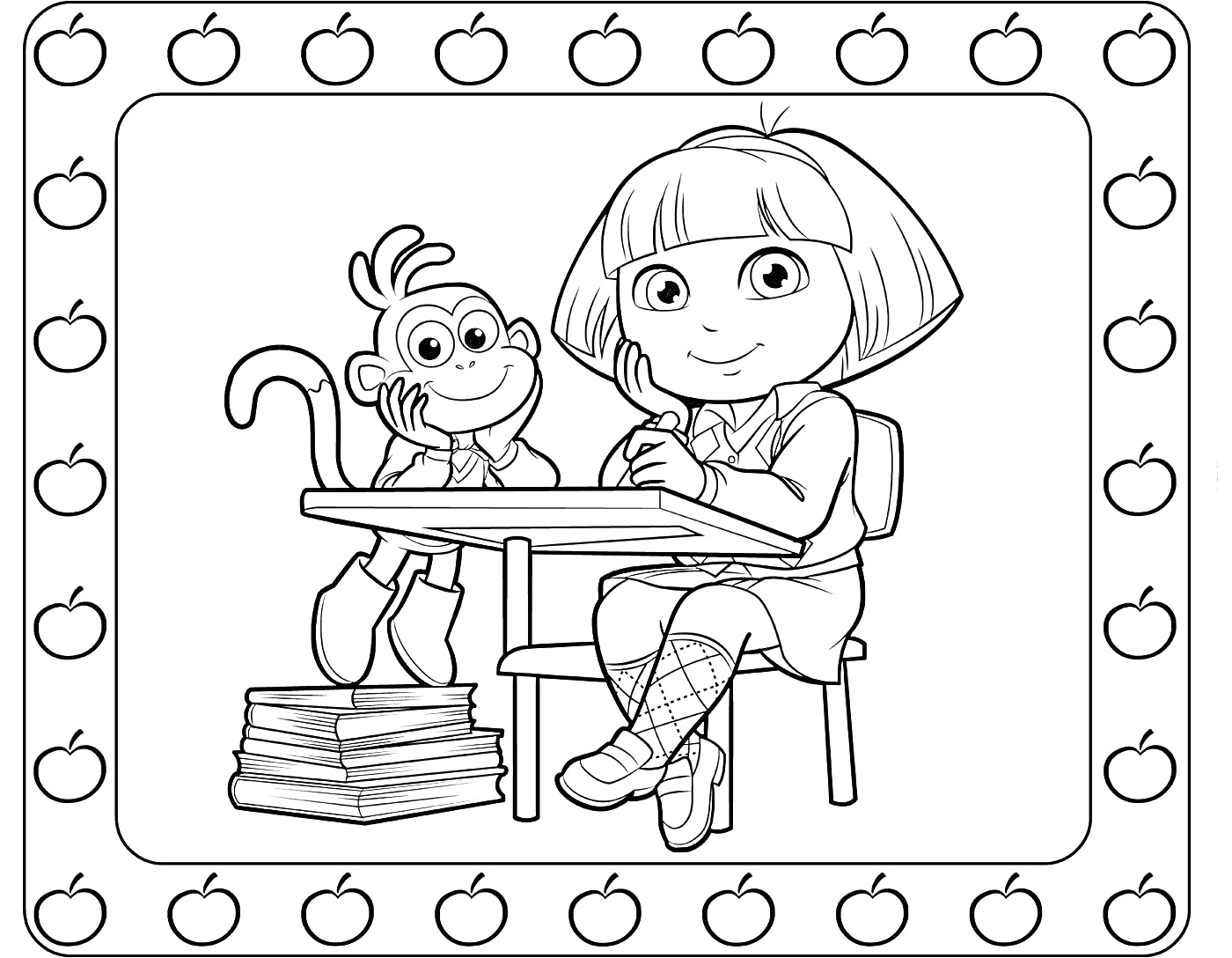 Раскраска Девочка с обезьянкой за партой, на фоне рамки с яблоками