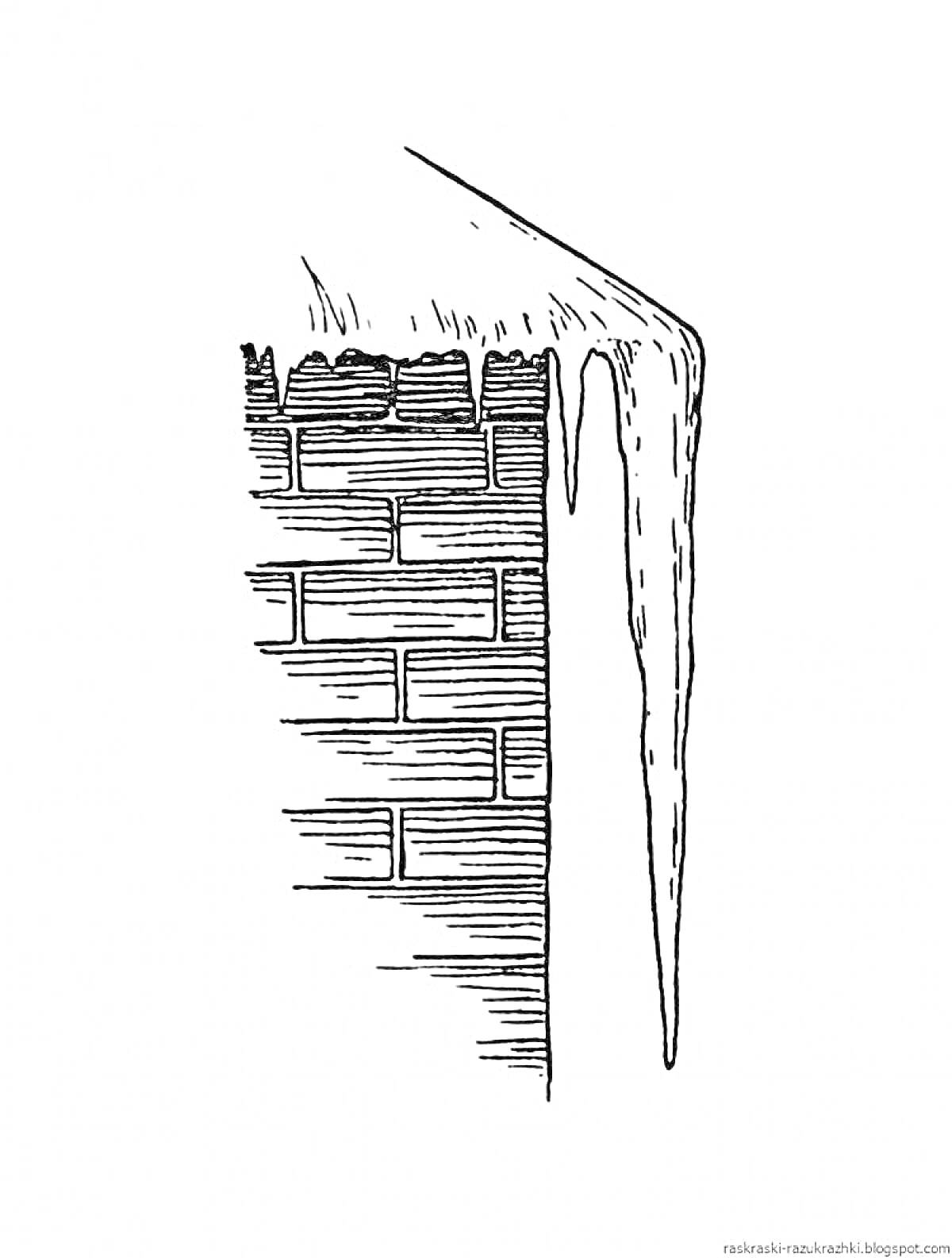 Раскраска Сосулька, свисающая с угла крыши над кирпичной стеной