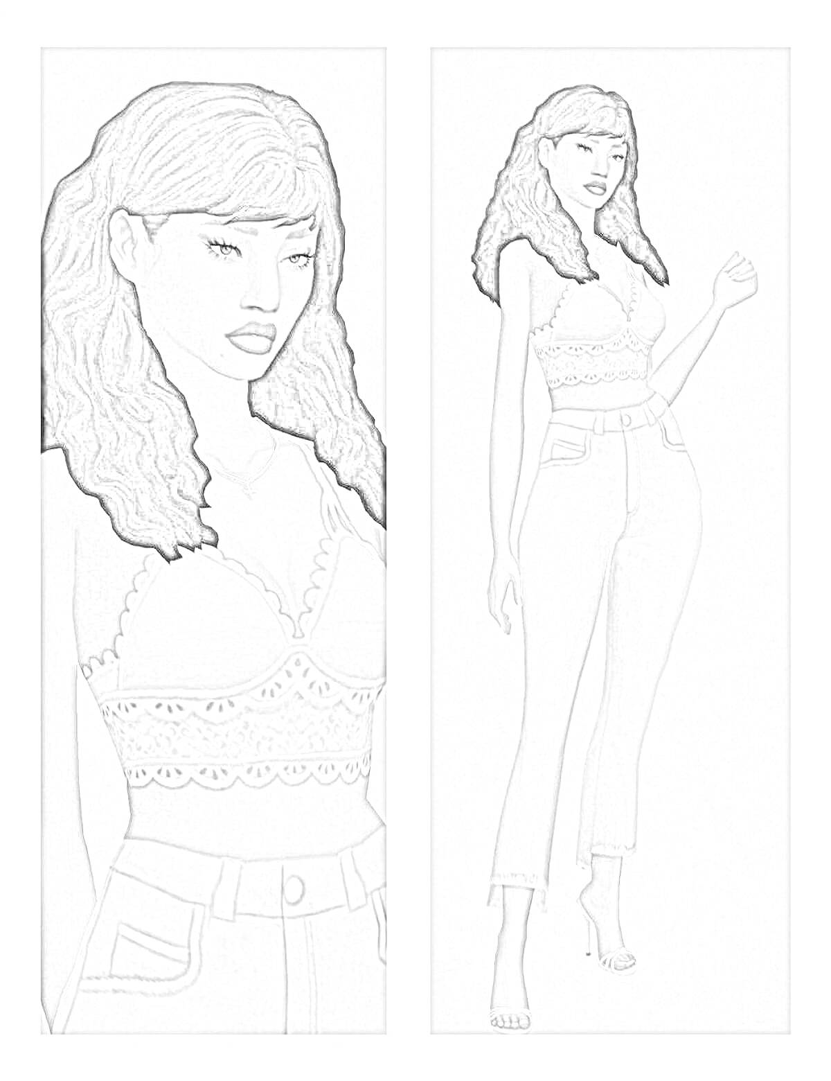 На раскраске изображено: Персонаж, Женщина, Джинсы, Длинные волосы, Высокие каблуки