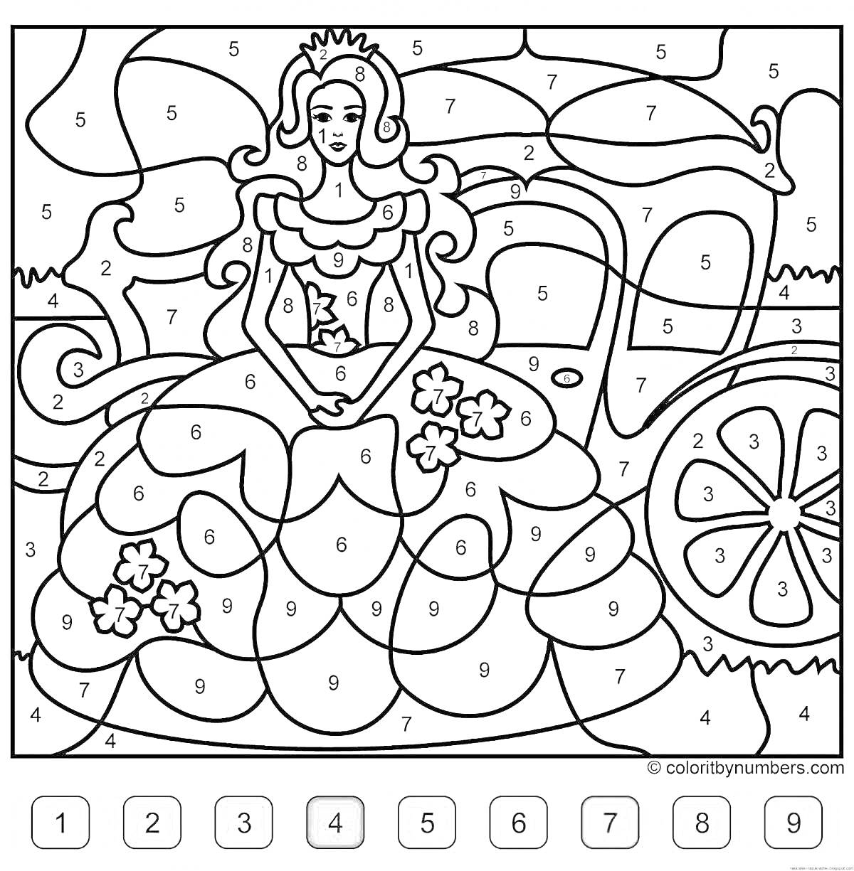 На раскраске изображено: Принцесса, Карета, Цветы, Корона, Лимон, Платье, Бахрома